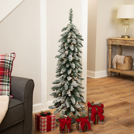 4ft. Pre-Lit Flocked Alpine Pencil Artificial Christmas Tree, Clear Lights